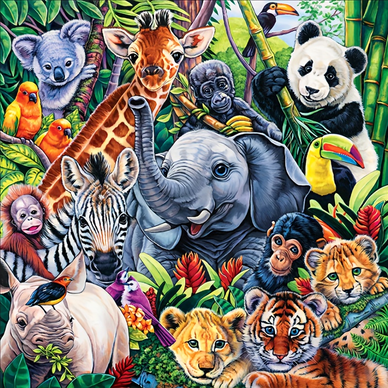 

Ensemble de broderie artisanale sur le thème des animaux de la jungle, avec des diamants acryliques ronds de 7,9x7,9 pouces pour la peinture diamantée DIY à faire soi-même.