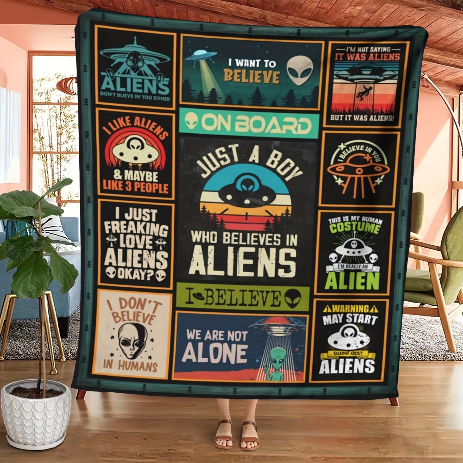 

Alien Creativity Patchwork Soft Fleece Blanket For Cosmic Enthusiasts - Small Throw Blanket, Seasonal All Year, Knit, Polyester Cover