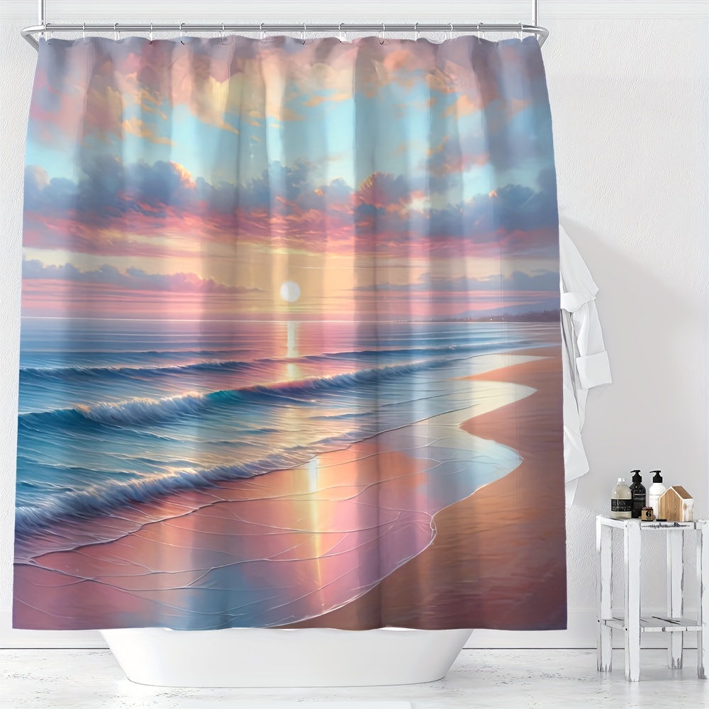 

Dreamy Ocean Beach Scene Shower Curtain - Waterproof, Machine Washable With Hooks Included, Polyester Knit Fabric Shower Curtain Set Shower Curtain Hooks