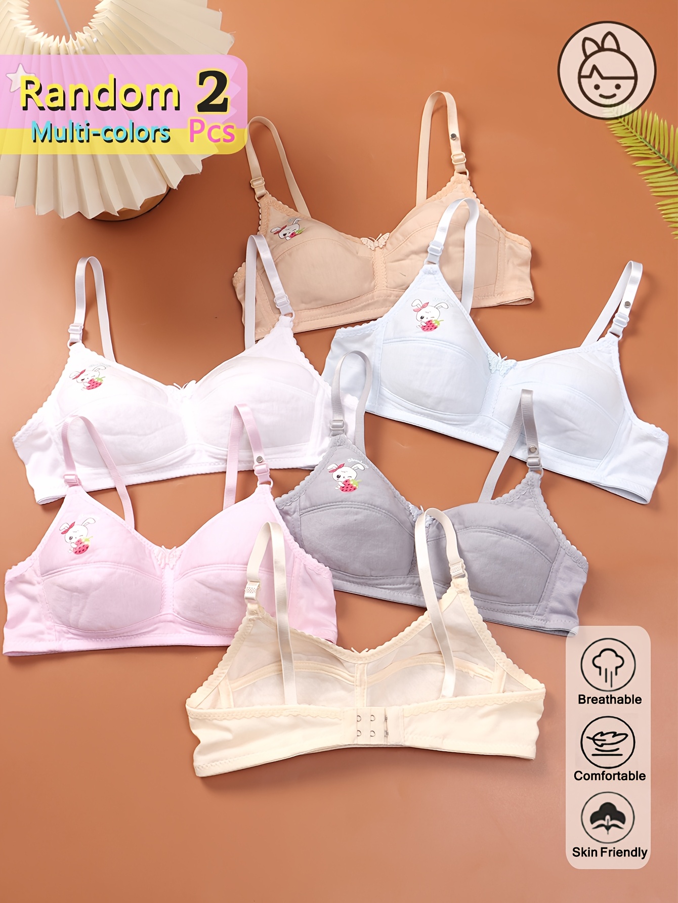 2pcs girls trainners bras comfortable adjustable shoulder strap underwear cute cartoon print soft knit fabric breathable back   beginning bra random color lovely gifts for daughters