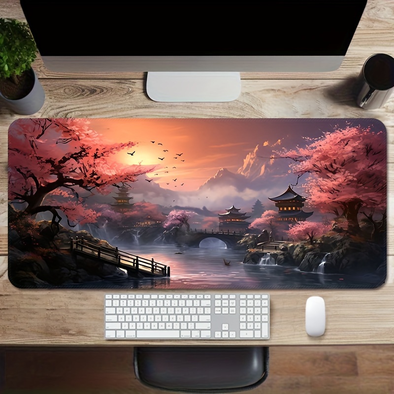 

Oblong Extended Gaming Mouse Pad With Japanese Cherry Blossom Landscape, Non-slip Rubber Base, Stitching, Washable Desk Mat For Computer, Laptop - Large Rectangle Mousepad