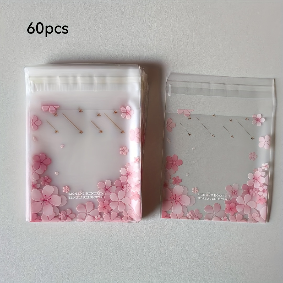 E-shop 60 Stück, transparente, gefrostete Geschenktüten mit Kirschblütenmotiv - Verpackt in rosa, selbstklebende Beutel. Geeignet für die Verpackung