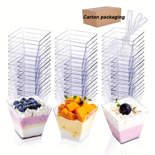100 clear square dessert cups with tasting spoon reusable plastic appetizer cups for pudding fruit yogurt cream family parties and festivals party dessert cups durable plastic cups