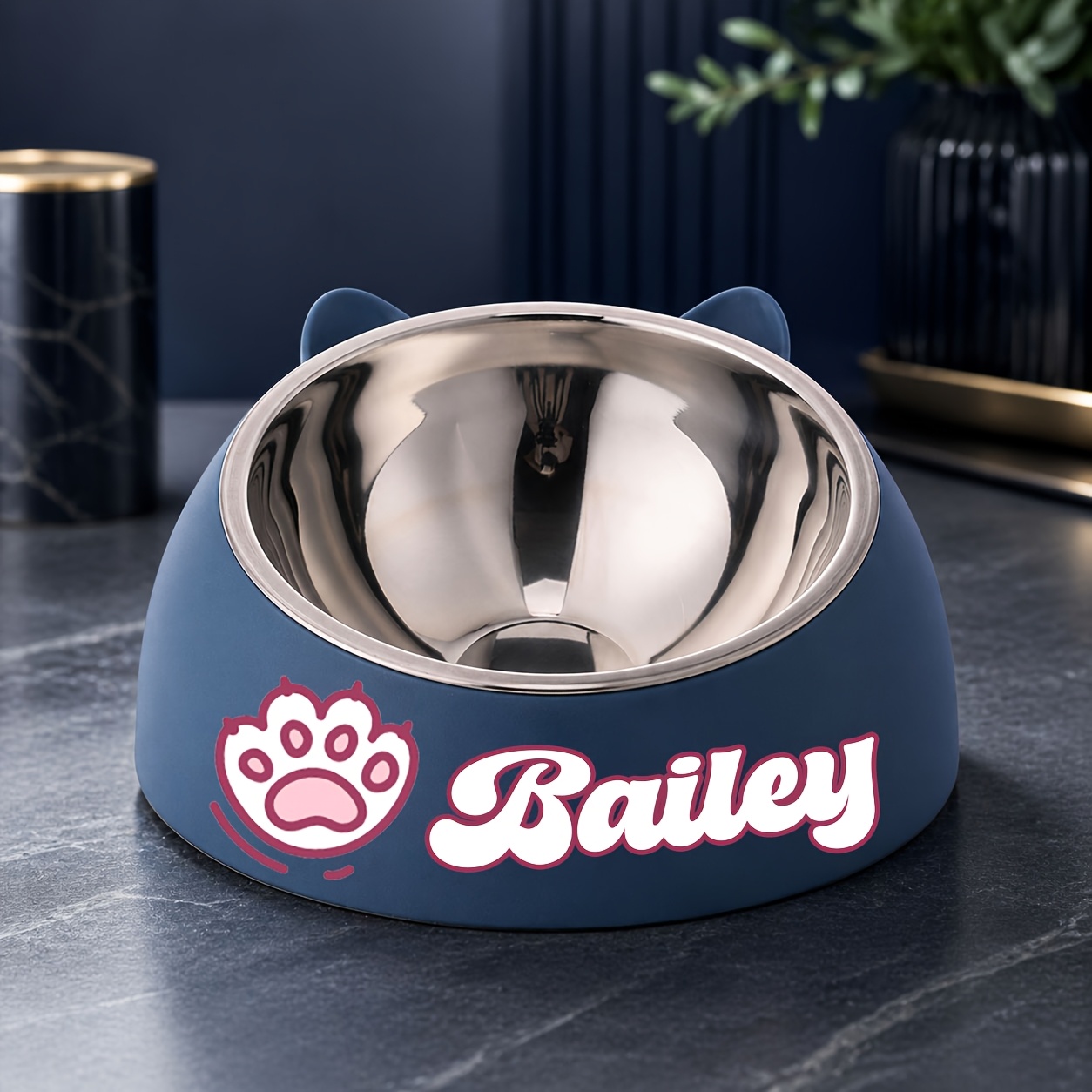Image of Personalized Cute Cat And Dog Bowl, Custom High Quality Stainless Steel Pet Bowl, Tilt Pet Bowl For Neck Protection, Nice Gift For Pets