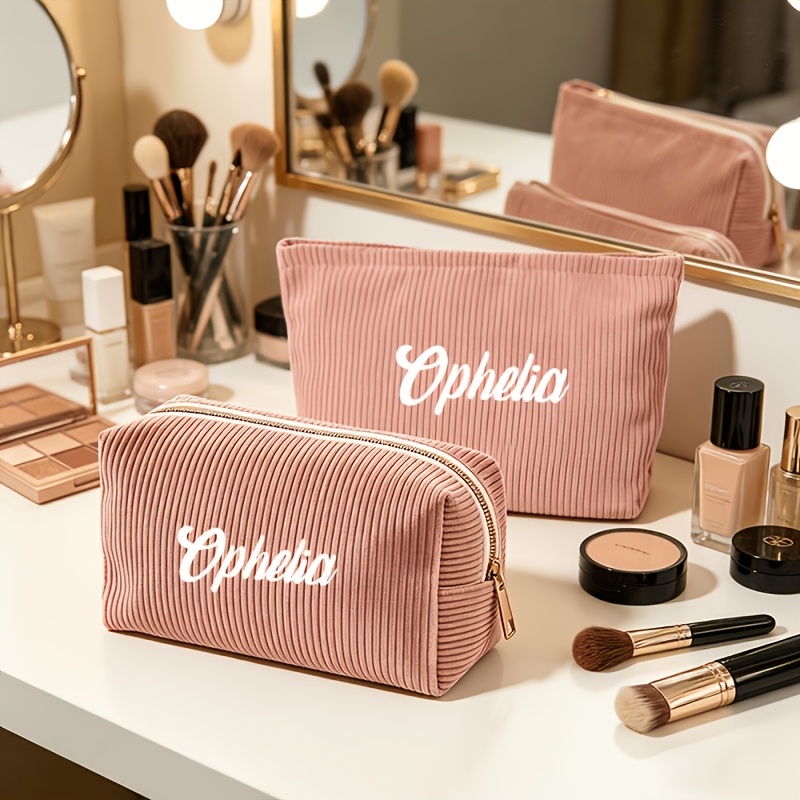 TEMU 2pcs Corduroy Women' Set, Customizable Toiletry Bag & Makeup Bag Combo , Portable And Foldable With Zipper Design, In 8 Colors. A Versatile,