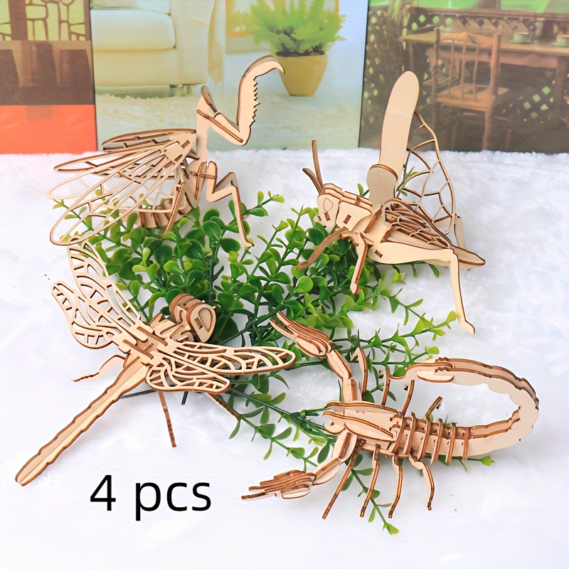 

4 Pcs 3d Puzzle Diy Jigsaw Board Wooden Puzzle, Insect Animal Handmade Educational Toy, Christmas Gifts