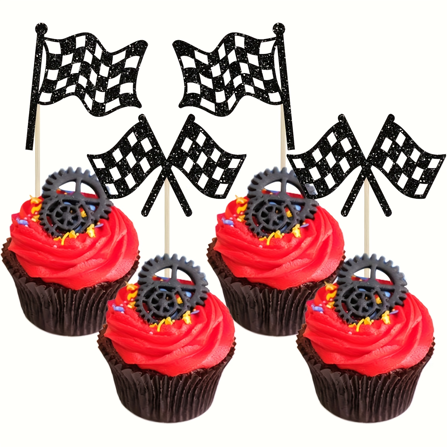 Image of 12pcs Checkered Racing Flag Toothpicks Glitter Cupcake Picks Toothpick Flag Dinner Flags Race Car Cake Toppers Decorations Party Supplies