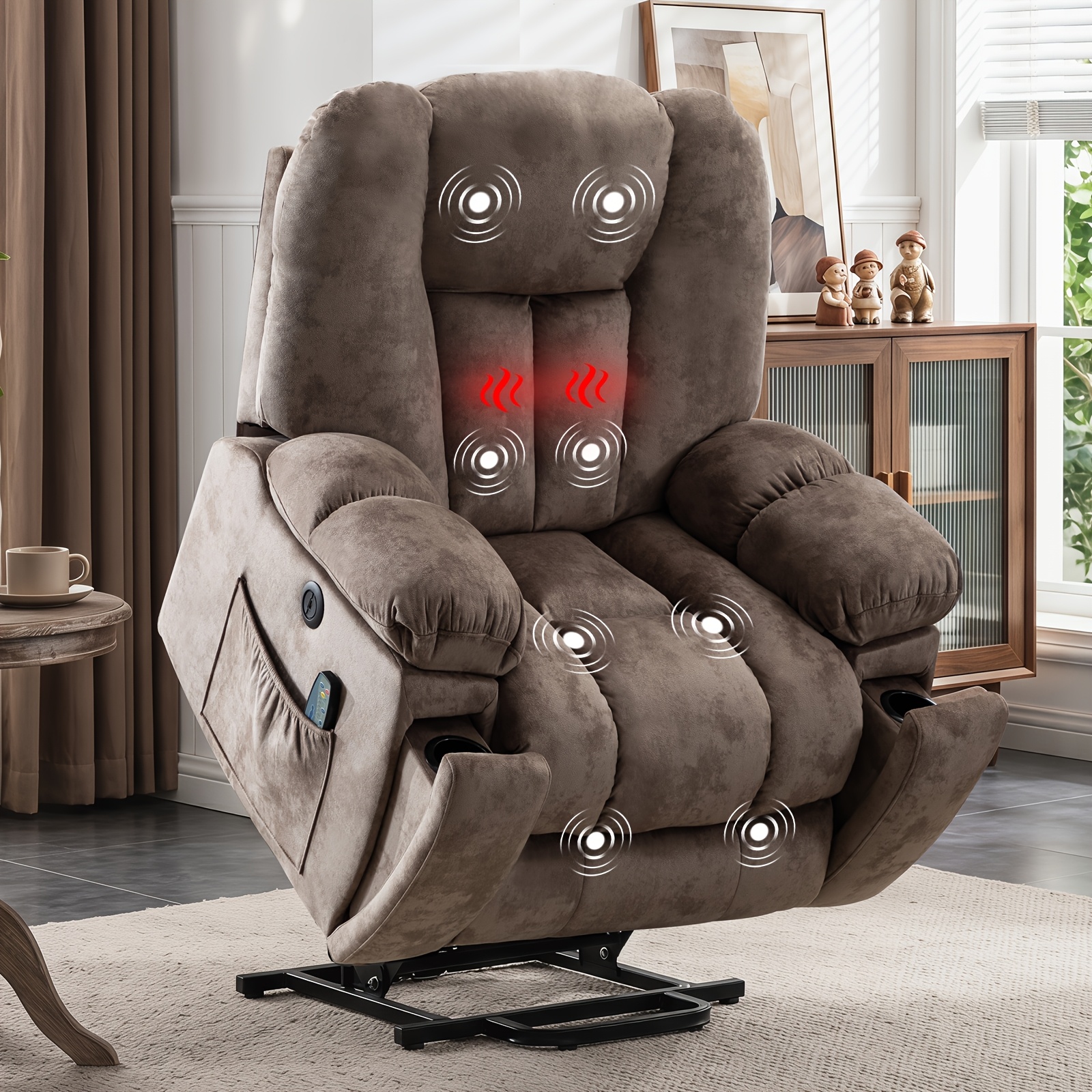 recliner lift chairs with vibration massage Bestier Set of 2 Overstuffed Massage Recliner Chairs with Heat and Vibration,  Soft Fabric Manual Reclining Chair for Living Room Light Brown  USBBY-L503037B-LBRN-2
