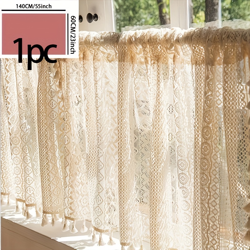 Image of 1pc Bohemian Beige Crochet Curtains With Tassels - Lace Curtains For Kitchens, Bedrooms, And Offices - Farmhouse Style Home Decor
