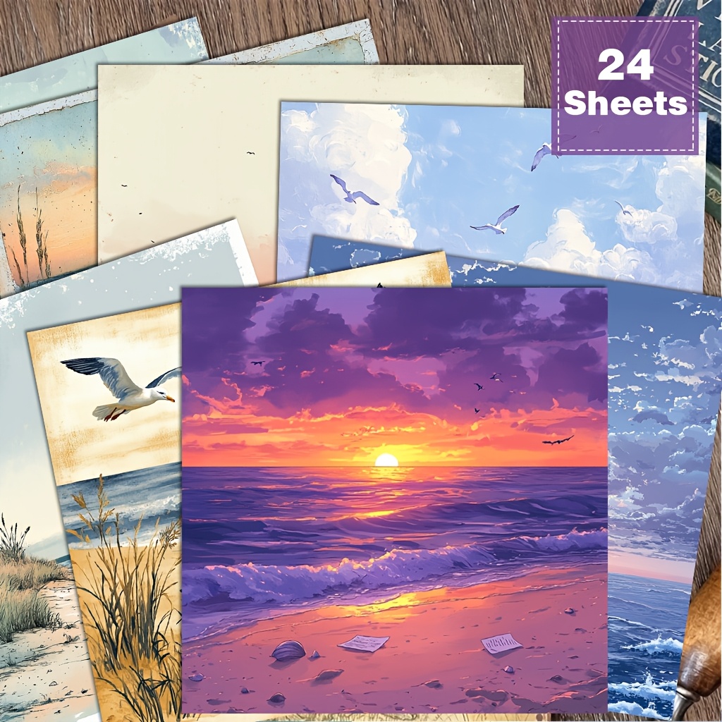 TEMU 24 hojas (24 piezas) / Papel de acuarela náutico para álbum de recortes, para collage, origami, journaling - 6x6 pulgadas, tema con de playa, ,