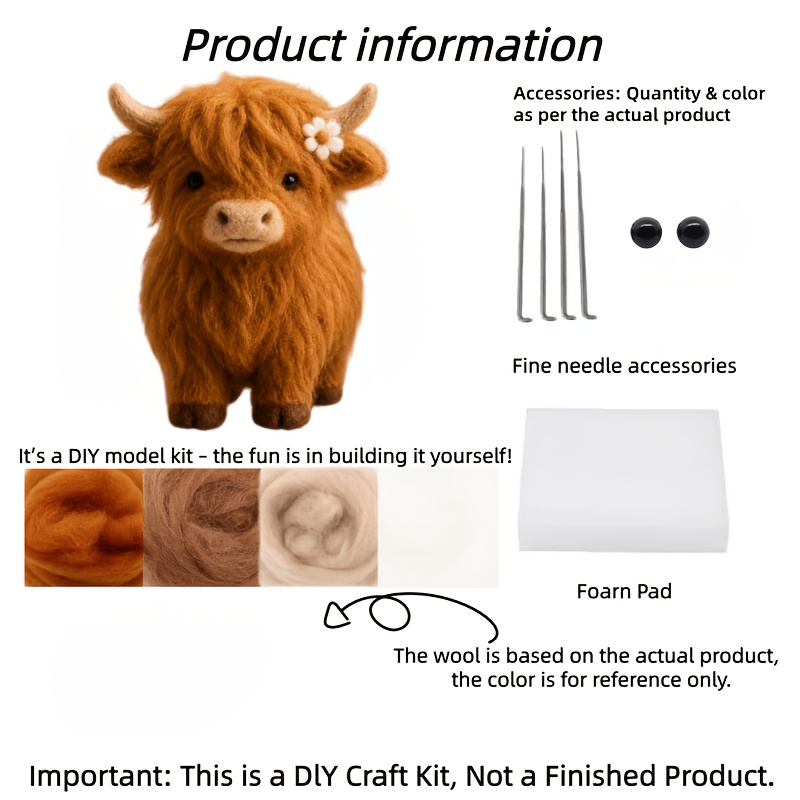 TEMU 1-set Highland Cow Needle Felting Kit Suitable For Beginners Adults With Tutorials, Diy Felting Craft With Sheep For, Birthday Gifts, Scottish