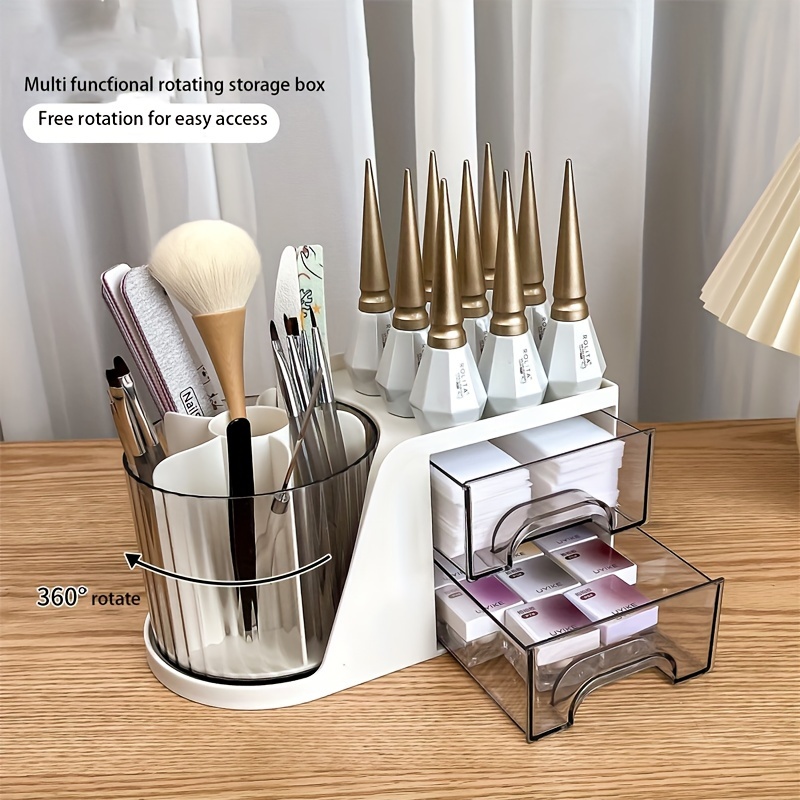 

1pc Multi-functional Rotating Makeup Organizer - 5-compartment Nail Art Tool Storage Box, Transparent & Golden Accents, Easy Design, Odorless - Brushes, Cosmetics & More