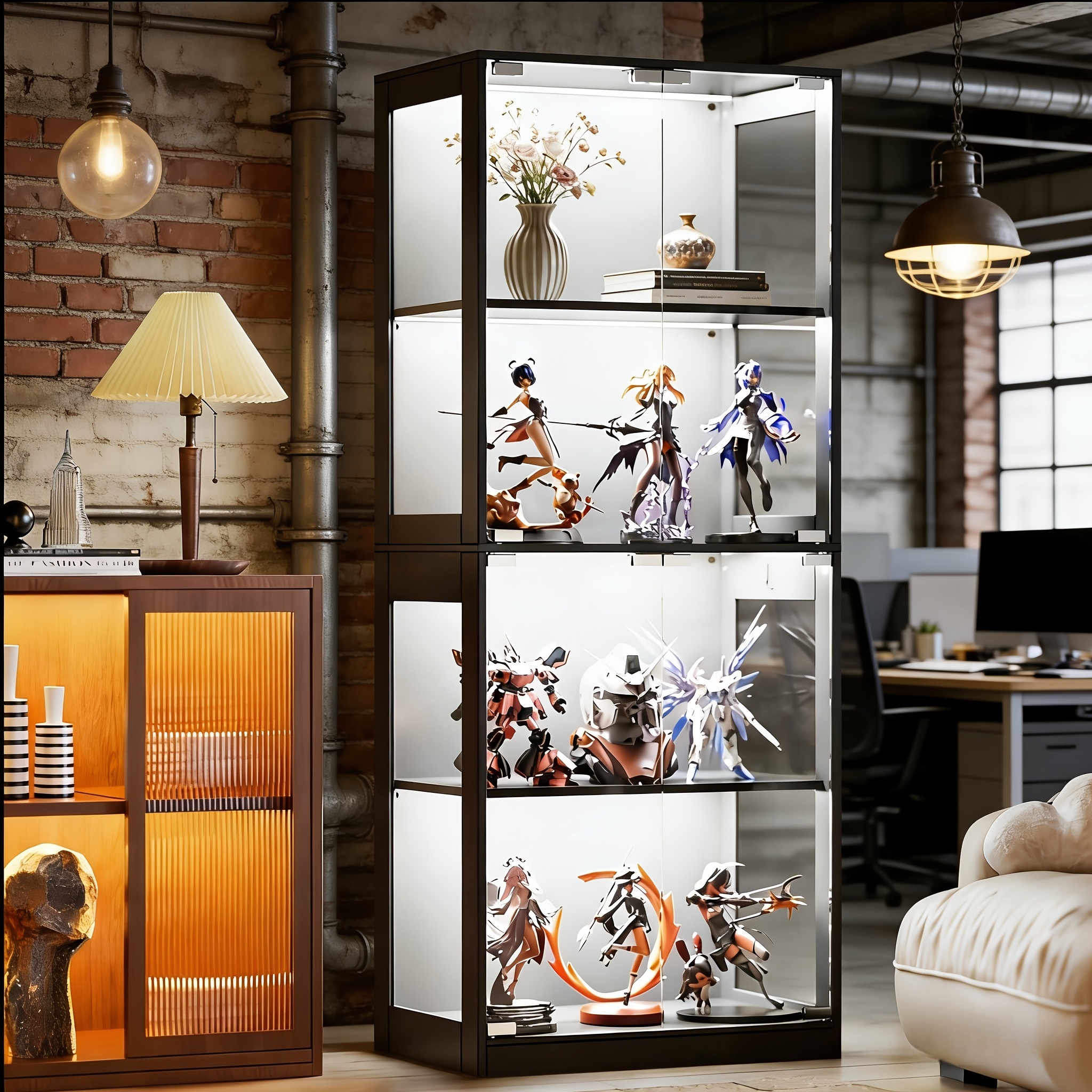 Image of Office Bookshelves, Cabinets, Glass Display Cases/storage Cabinets, Black, Four-layer Glass Display Case, Multi-functional Dustproof Display Case, Suitable For Living Rooms, Bedrooms, Offices, Studies