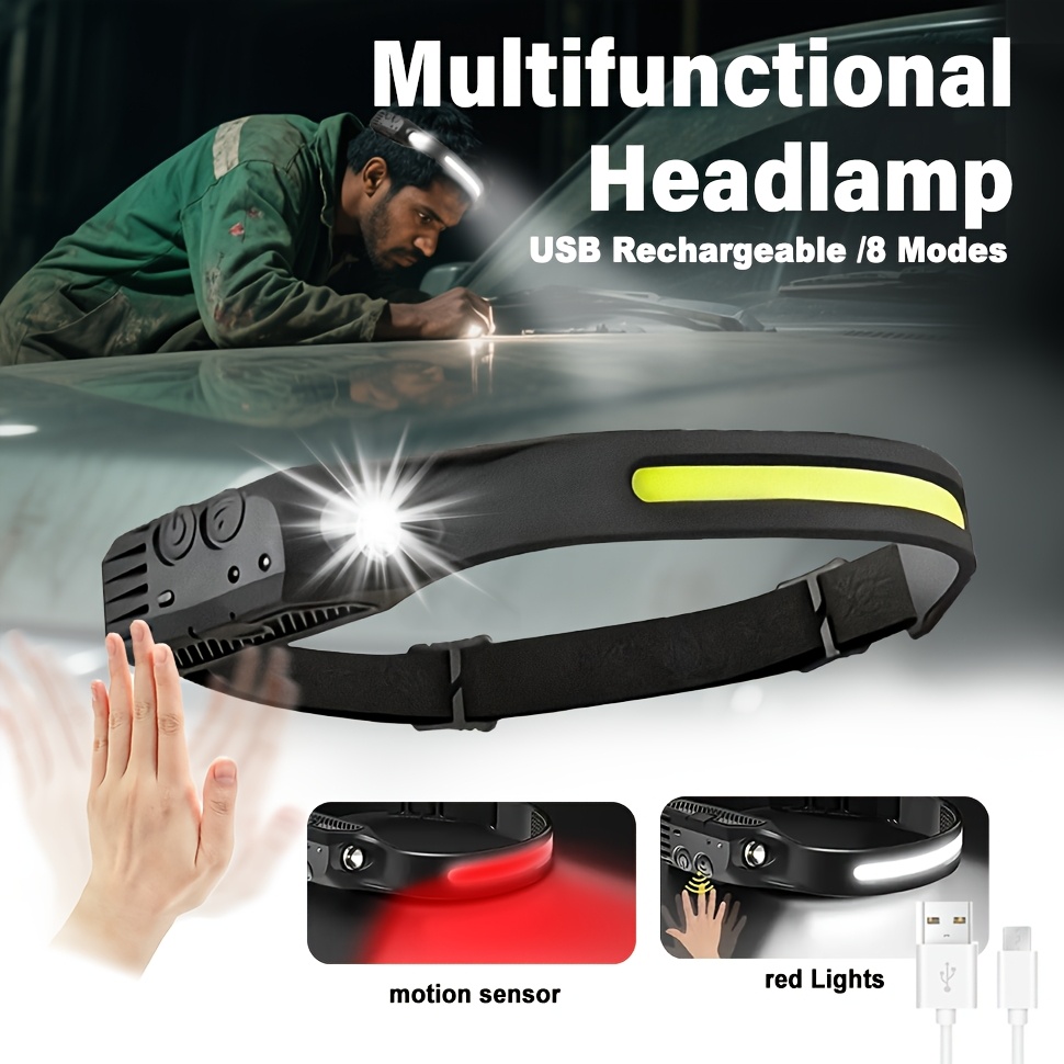 Rechargeable COB LED Headlamp – Waterproof, 8 Modes, USB Headlight For Hands-Free Use