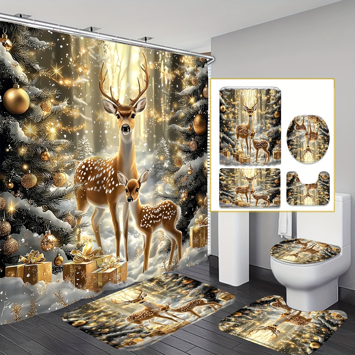 

1/4pcs Christmas Shower Curtain Set, And Christmas Tree Decorated Shower Curtain, Housewarming , Including Bath Mat, U-shaped And 12 - Bathroom Decor, For Decoration