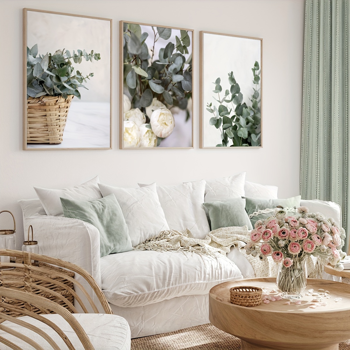 Tableaux Muraux Style Bohème Beige Et Vert Sauge - 3 Toiles Sans Cadre - Déco Salon Ou Chambre - 5