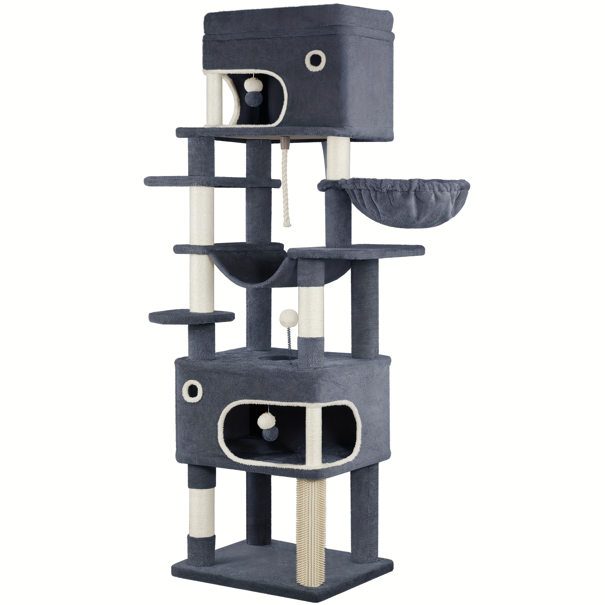 Cat Tree, 178cm Cat Tree with Large Platform, 2 Caves, 7 Scratching Posts, Pompoms, Loungers, Hammock, Suitable for All  