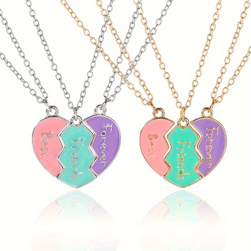 

3pcs/set Candy Colored Love Heart Pendant Necklace Set, Heart-shaped Stitching Pendant For Good Friends