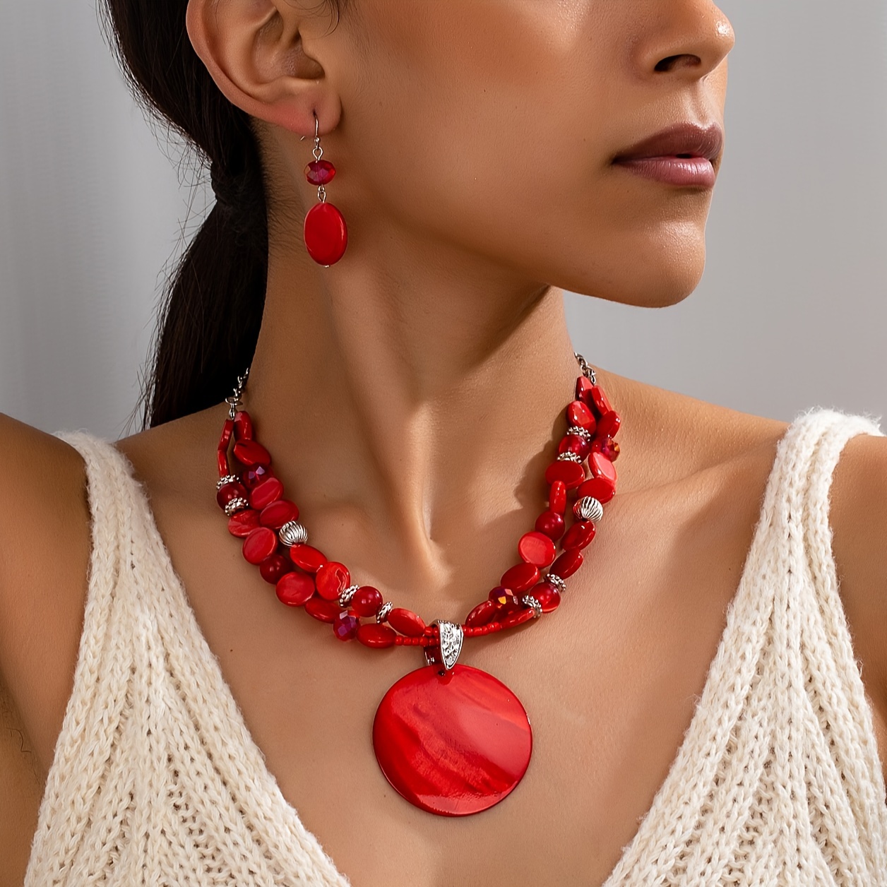 

Elegant -chic Shell Beaded Necklace And Earrings Set For Women - Luxurious Red & Accents, Ideal For Parties, Weddings, Vacations & , Vacation Jewelry| Style|handcrafted Earrings, Earrings