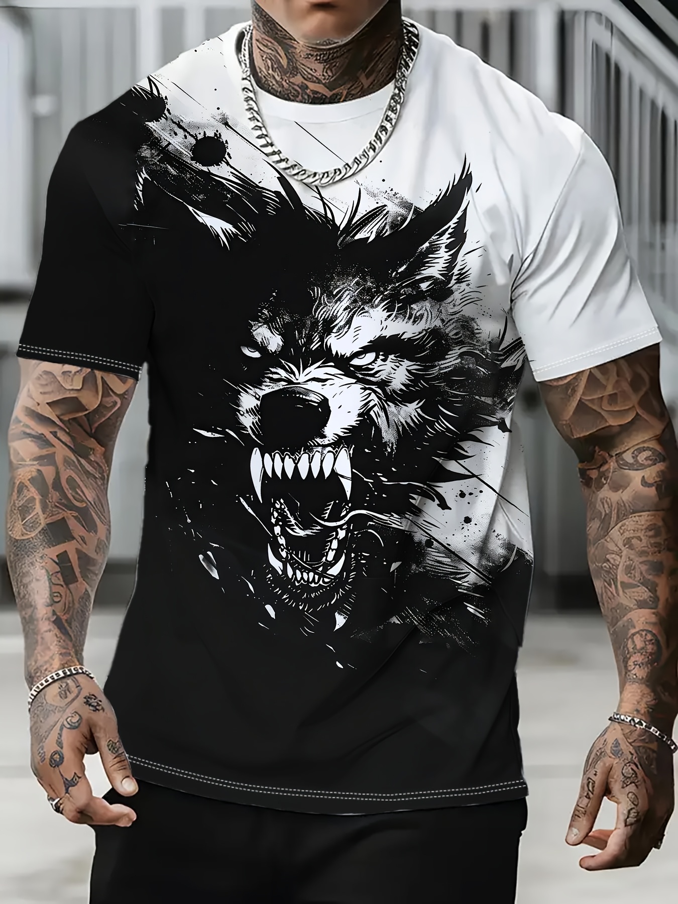 mens   wolf print short sleeve t shirt black white   wolf design casual crew neck lightweight polyester   spring summer outdoor activitie