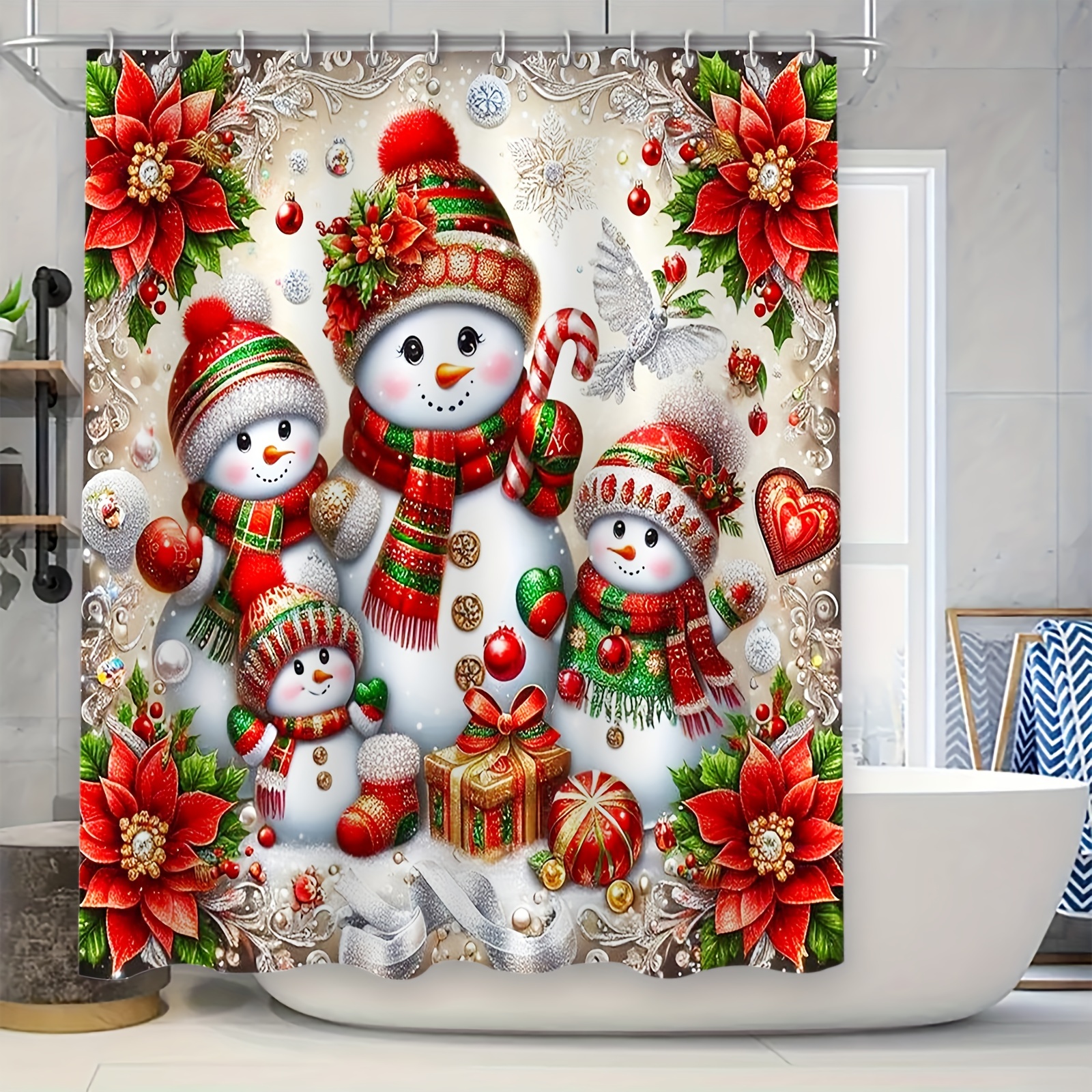 

Christmas Floral & Snowman Shower Curtain Set - 1/4pcs With 12 Hooks, Waterproof Bath Decor, Non-slip Bath Mat, U-shaped Toilet Mat, And Lid Cover - For