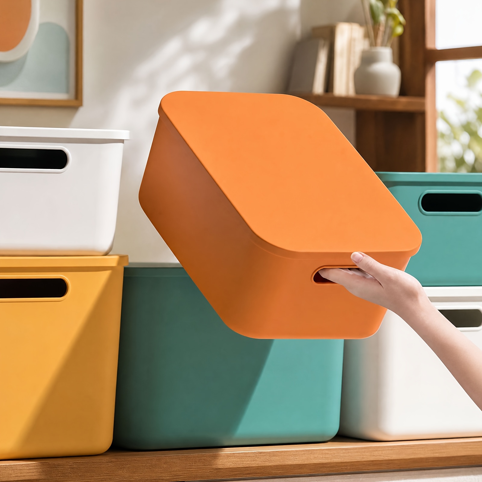 Stackable Lidded Storage Bins Set with Erasable Label Stickers