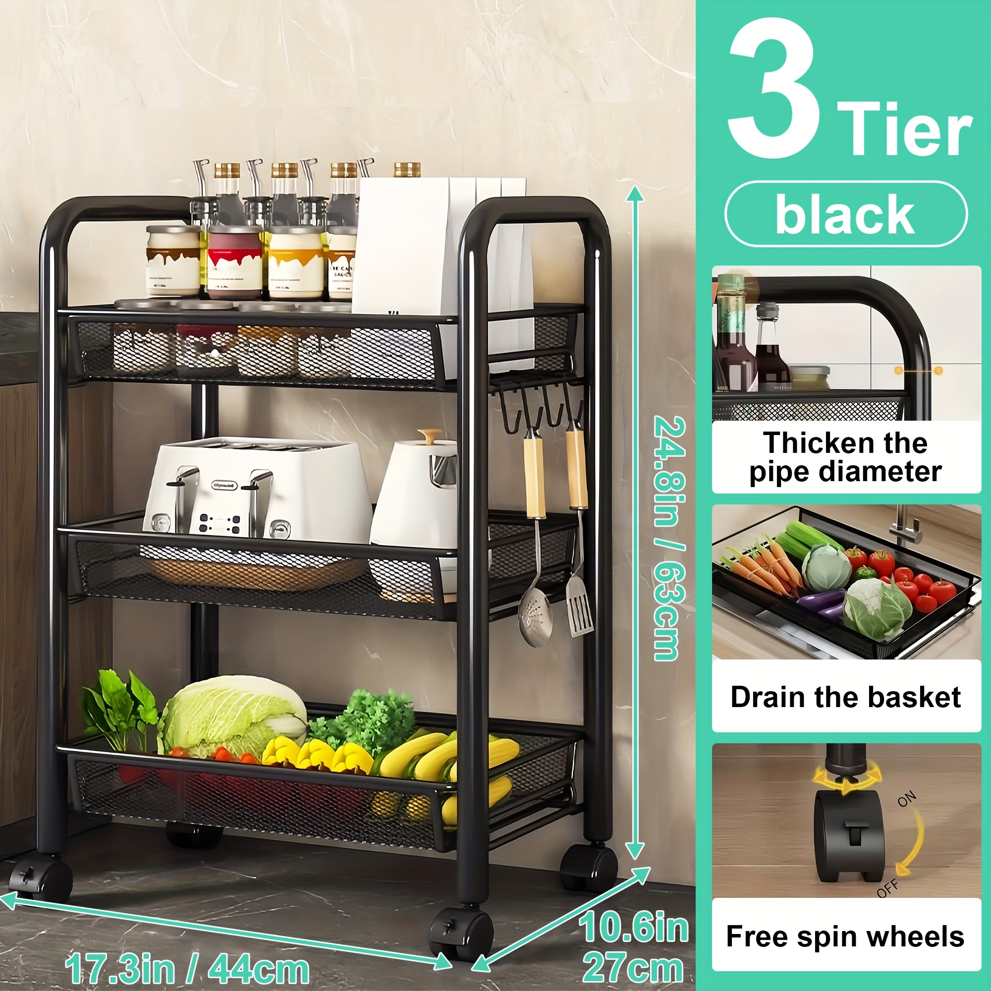 TEMU 1pc 3-tier/4-tier/5-tier Swivel Storage Cart With 360° Rotating Shelf & Heavy-duty Carbon - Space-saving Suitable, Office, Bathroom - Assembly,
