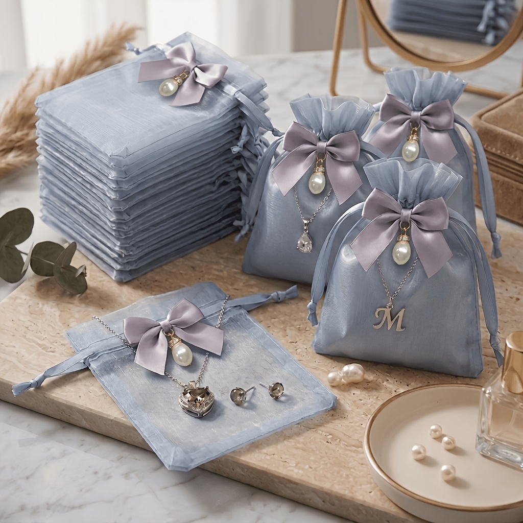 TEMU Gift For Her/him 25pcs Gray Organza Gift Bags With Bow Drawstring, Sheer Mesh Favor Pouches Bulk For Jewelry Candy Small Gifts, Elegant Wedding
