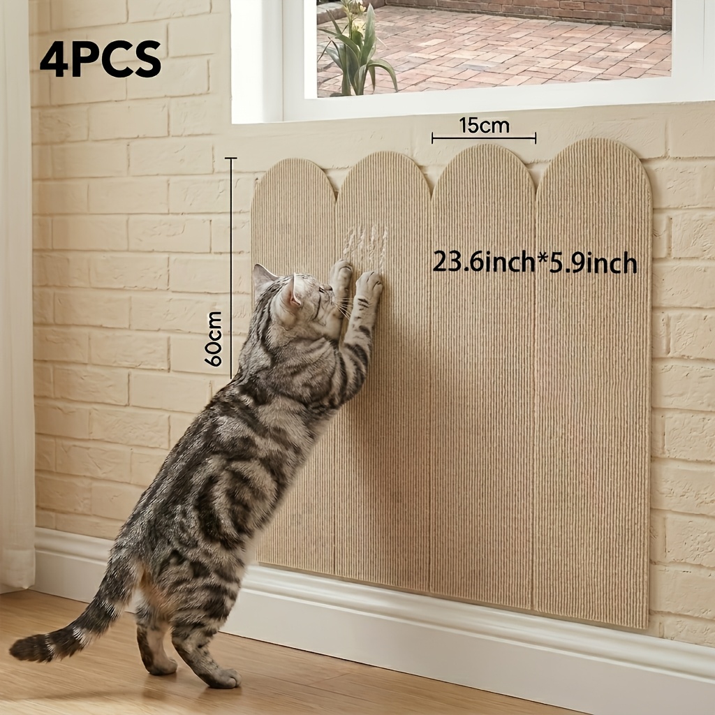 TEMU 4pcs Self-adhesive Cat Scratching Board, Combination Style, Striped Silent Texture, Thickened Material Resistant To Shedding. , Can Cover Wall ,