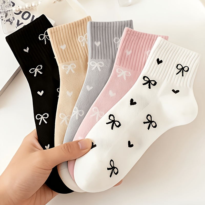 TEMU Autumn Winter 5-pair Short Socks - Bow Heart Women's Mid-calf Socks, Breathable All-match Valentine's Couple Socks For
