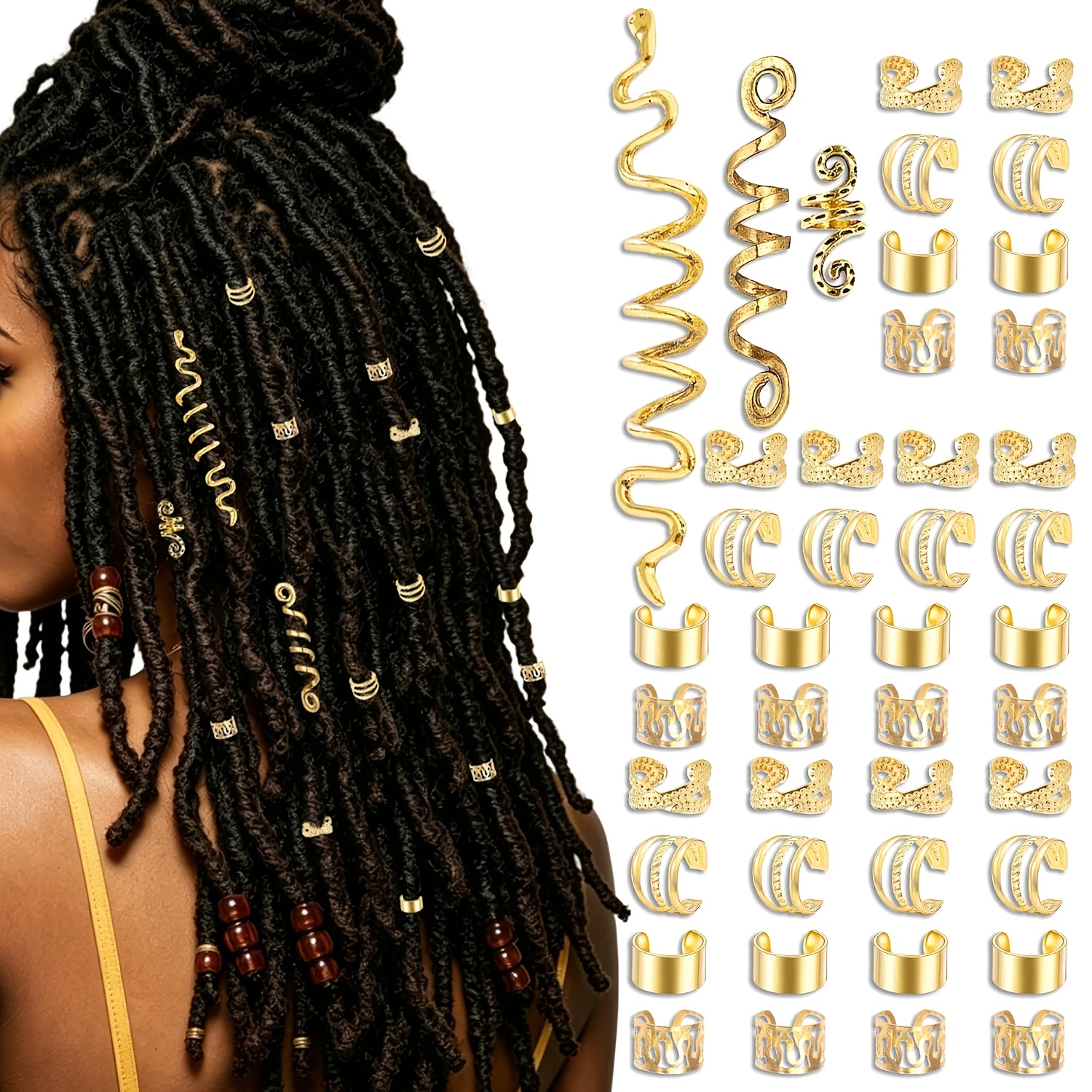 TEMU Juego de 43 piezas de joyería para el cabello dorada, accesorios para rastas vikingas loc, pinzas para trenzas en de serpiente, puños y anillos