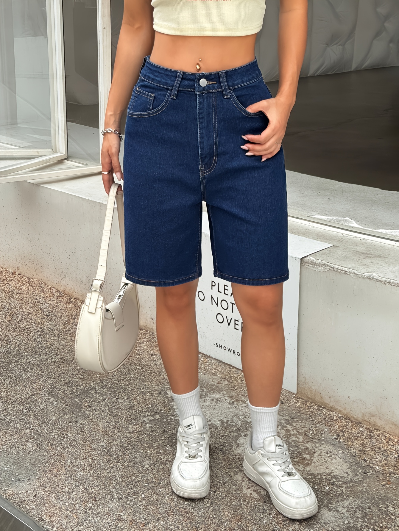shorts en jean extensible taille haute femmes bleu Temu Belgium