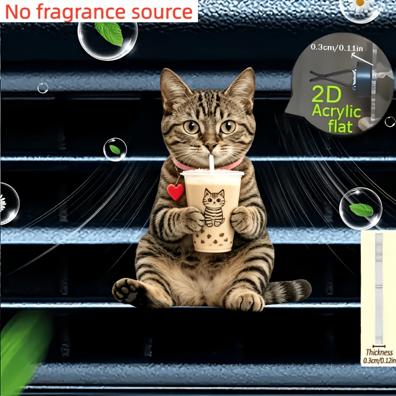TEMU 2d Flat, 1pc Striped Cat Drinking Milk Tea Car Vent Clip Air Freshener - Adorable Kitten Dashboard Decor, Diy Essential Oil Suitable For For Car