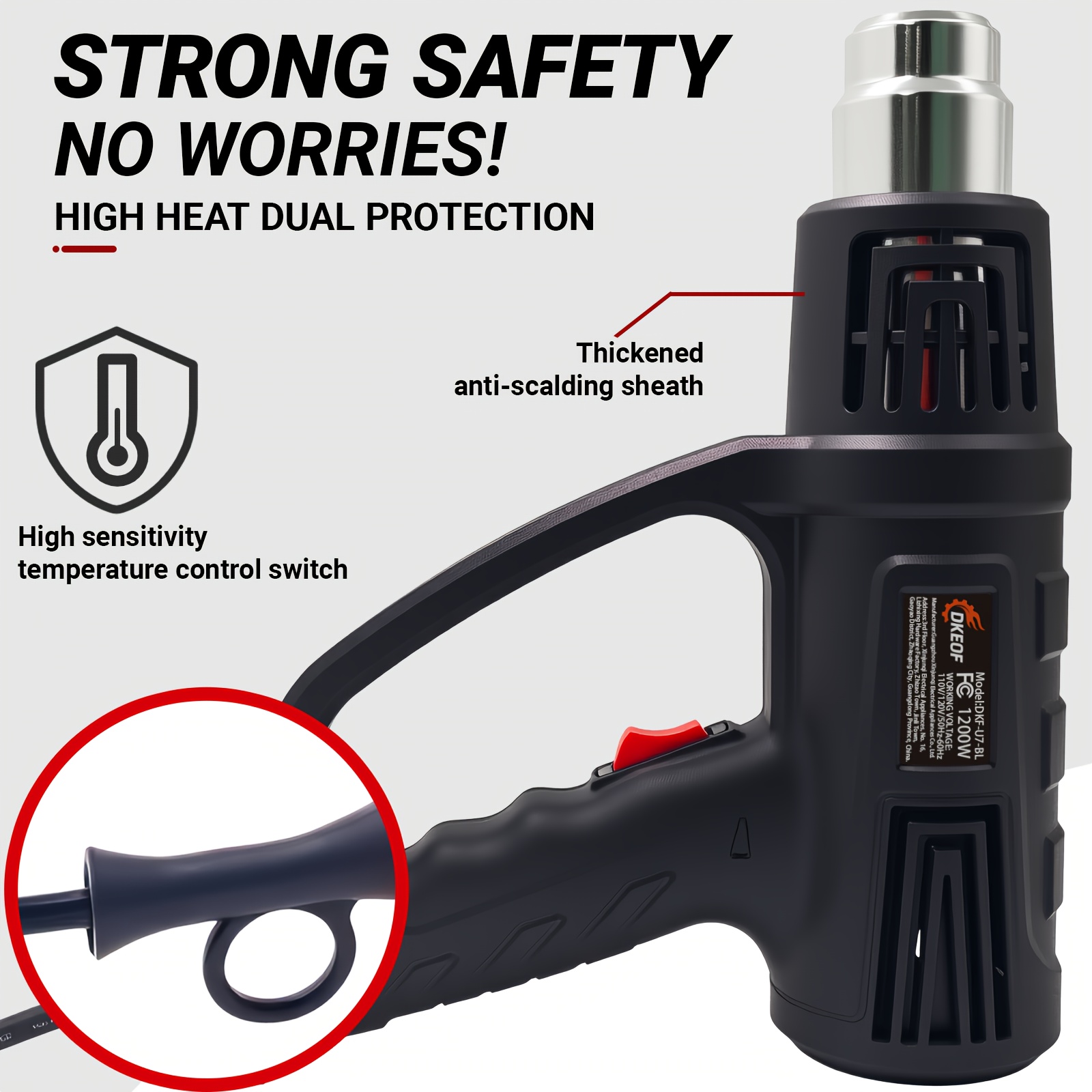 DKEOF Hot Air Gun 1200W, a Fast Heating Hot Air Gun Kit, Features Dual Temperature Settings of 212°F & 1112°F (100℃-600℃) for Promotions And, Suitable for Automotive Film Application, Paint Softening, Caulking, Adhesive Removal, Putty Removal