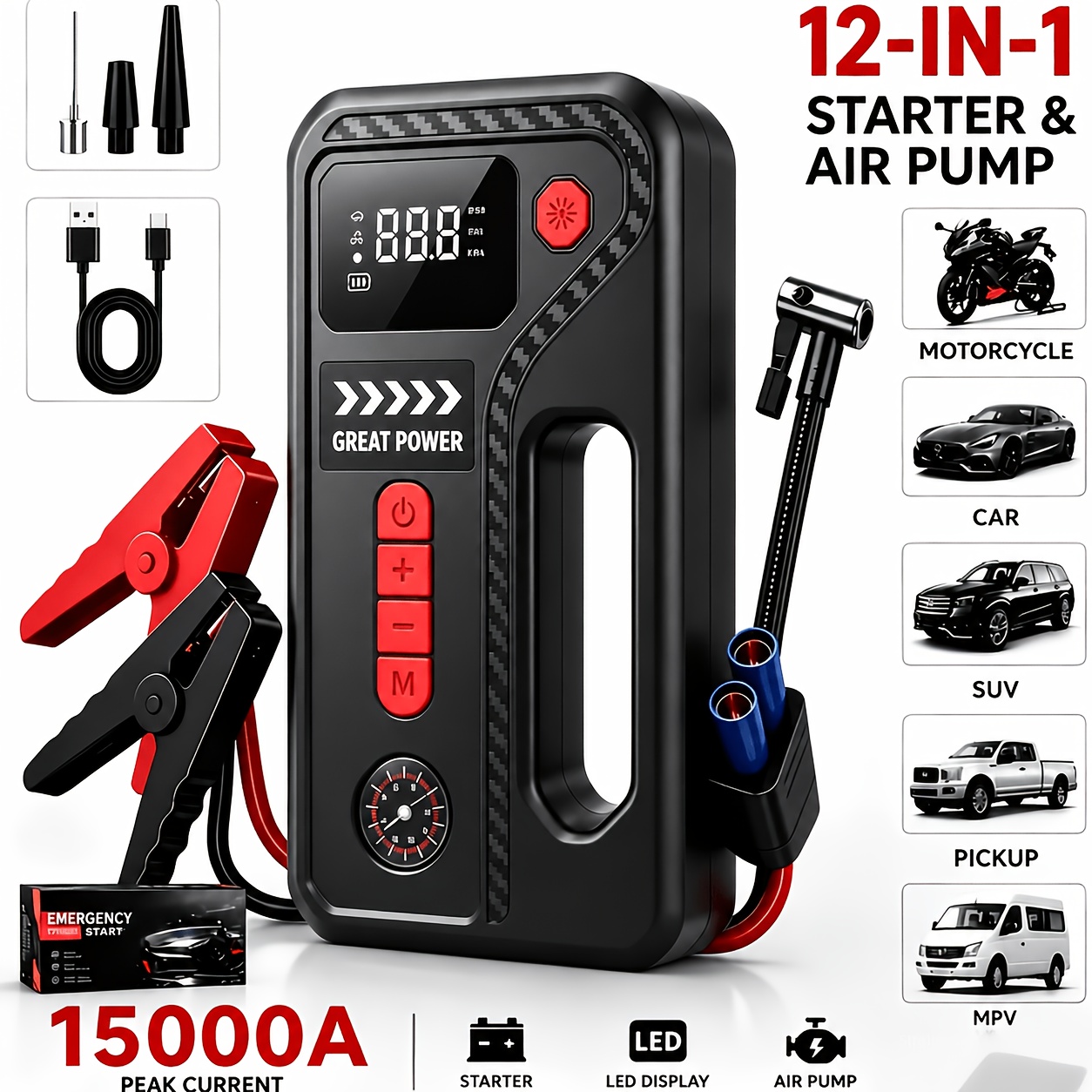 TEMU 15000a 12-inch Portable Car Emergency Supply, Tire Air Pump, 12v Car Battery Charger With 250psi Air Pump, Emergency Supply Expansion And Tools,