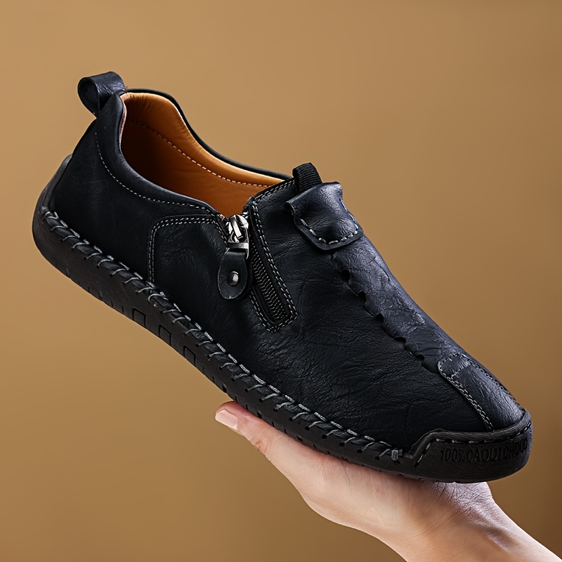 TEMU Men's Loafers, Flat Shoes, Hand-stitched Soft Casual Shoes For Men, Side Zipper, Shoes, Soft Sole Non-slip Driving Shoes