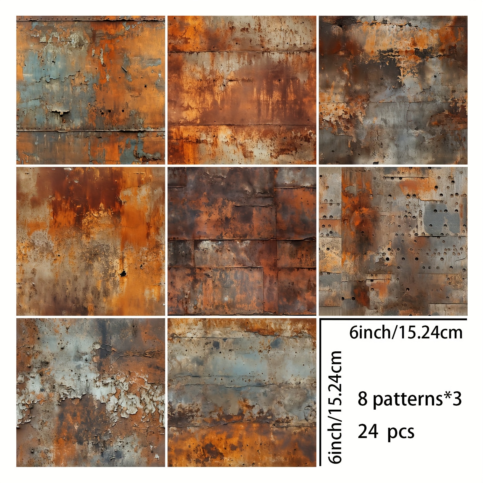 Image of 24 Sheets 6 Inch Vintage Distressed Rusty Tin Cracked Background Decoration Stationery Vintage Journal Junk Journal Pages Greeting Card Planner Background Card Mat