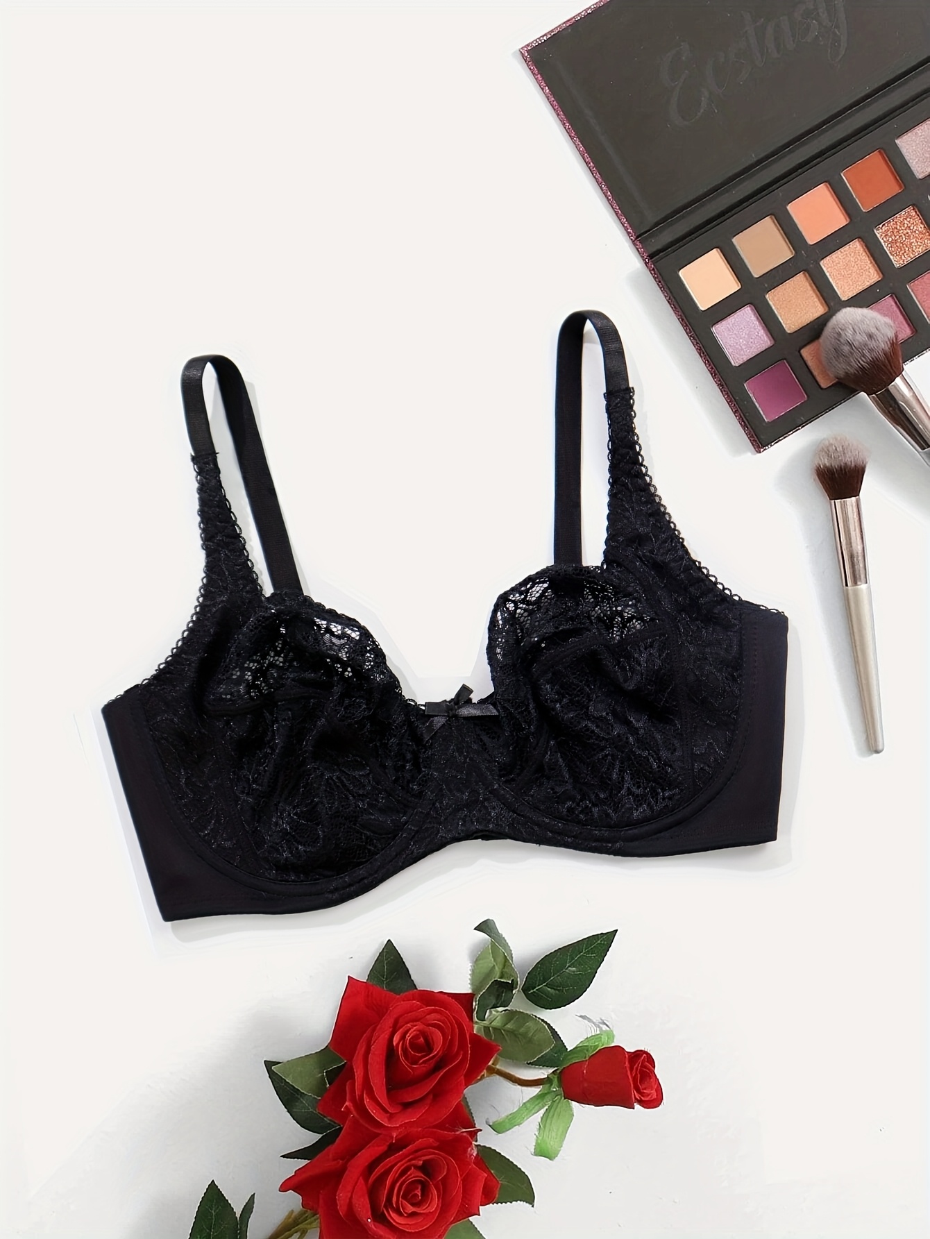 Women's Plus Elegant Bra, Plus Size Bow Decor Floral Lace Non Padded Underwire Bra