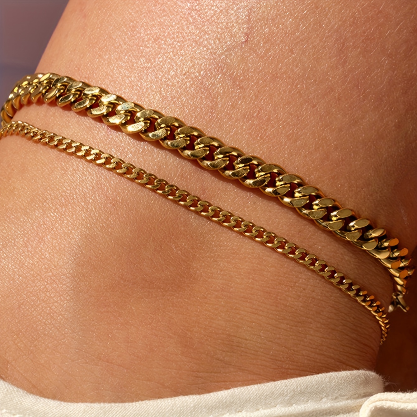 2pcs Set Easy Resort Style Stainless Steel Cuban Chain Layered Anklet Set Women's Beach Anklet