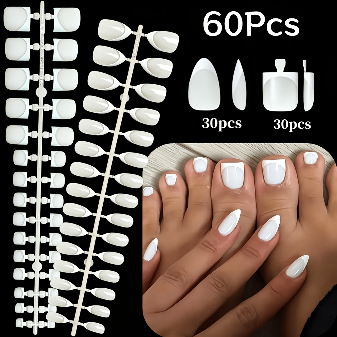TEMU 60pcs Short Almond French Tip Press On Nails Suitable For Women - White & Apricot Suitable For , 15 Sizes Fake Nail Set With Short Lengths,