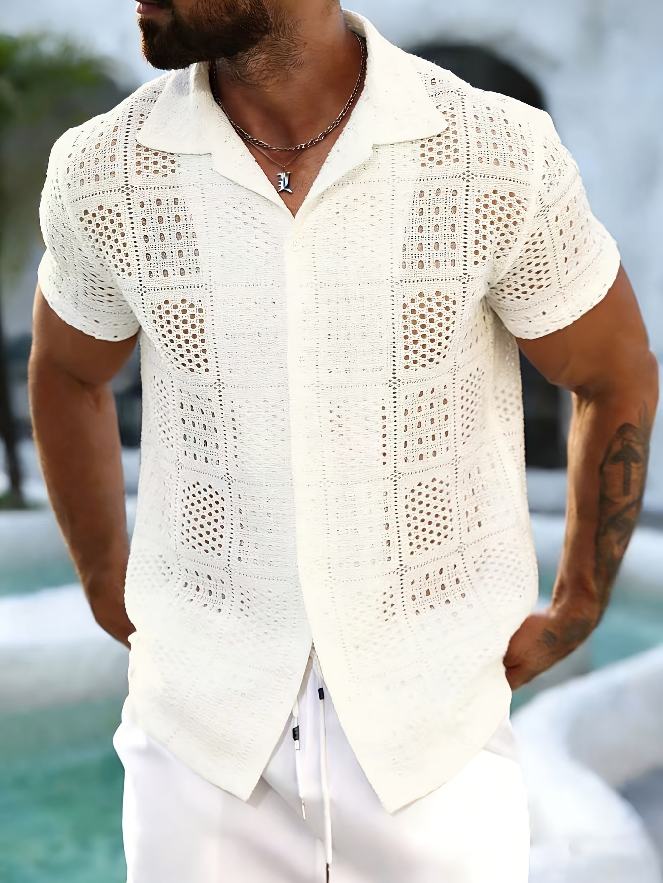 Lingjujujue Men'S Cuban Collar Jacquard Casual Versatile Short-Sleeved Pullover Shirt