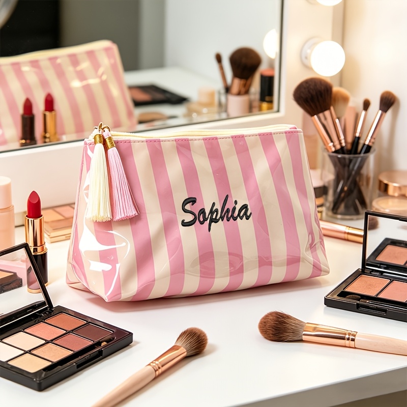 TEMU Custom Embroidery Double-layer Fabric Striped Clutch Bag Exquisite Tassel Zipper Makeup Bag Large Capacity Clutch Suitable For Commuting Back To