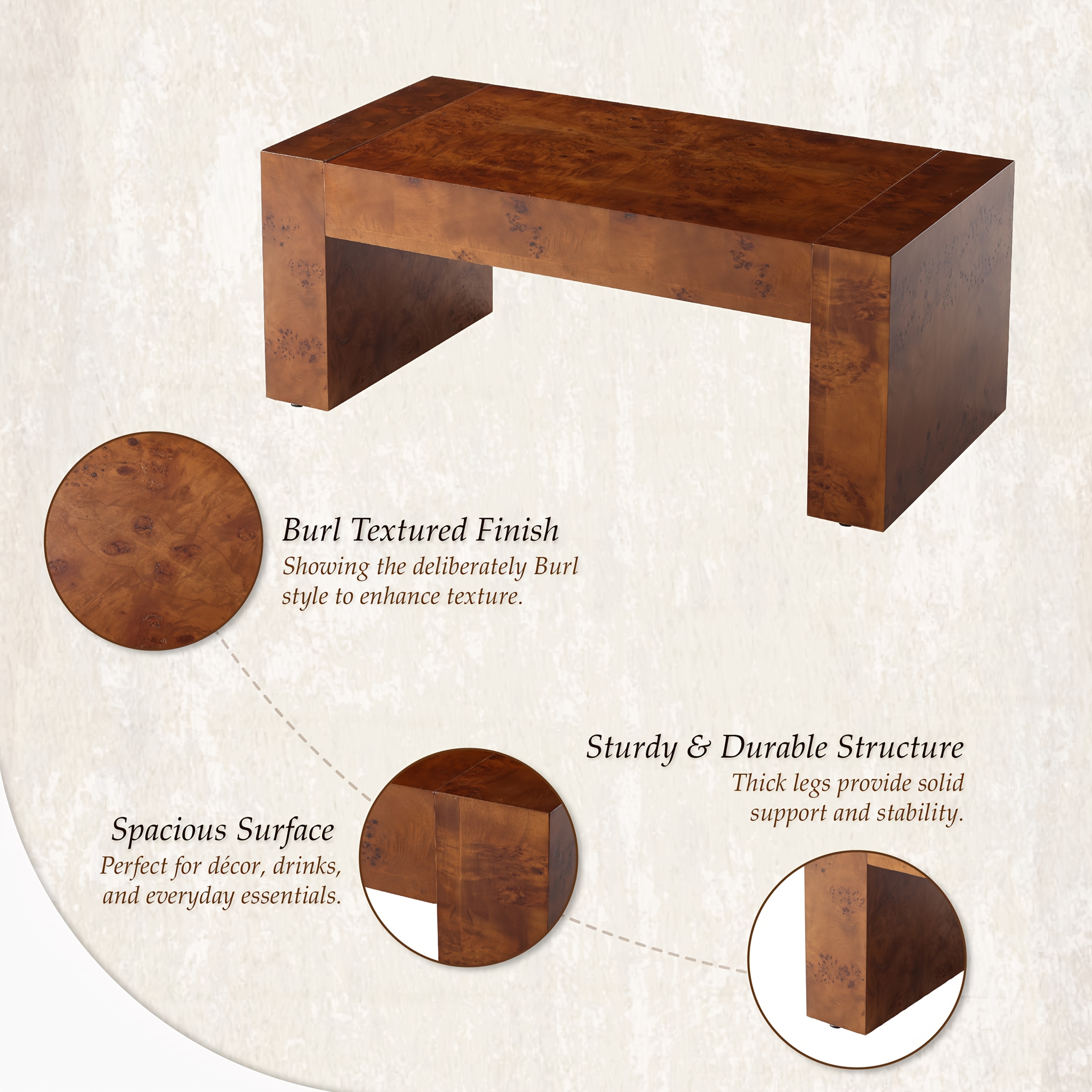Modern Burl Wood Finish Coffee Table Suitable for Living Spaces, Minimalist Rectangular Center Table with Brushed Block Legs & Density Board Top, Sturdy /Outdoor Furniture for, Balcony, Entryway - Assembly