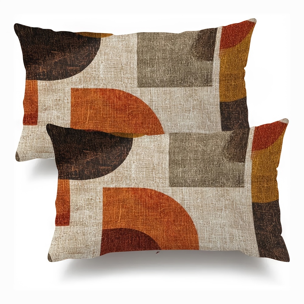 TEMU Set Of 2 Linen Vintage Modern Pillowcases - Earthy Brown, Orange, Beige, Black, And White Linen Texture Cushion Covers, Single-sided Print 12x20