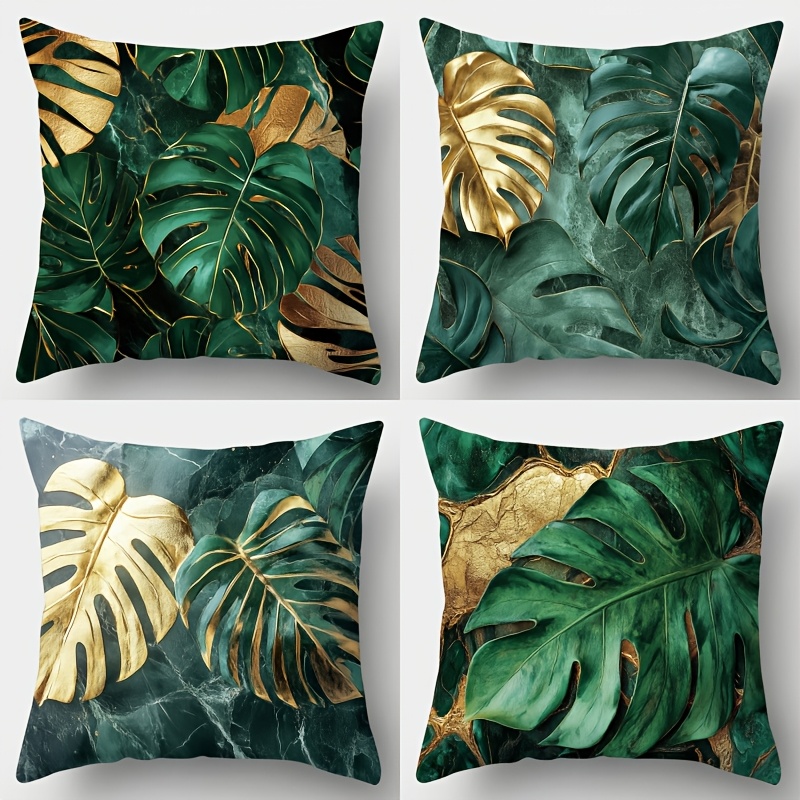 Set Of 4, Pillow Covers Featuring A Lovely Green Leaf Motif, Cozy And Comfortable, Attractive And Functional, Measuring 17.7 Inches By 17.7 Inches, Ideal For Decorating For Home Sofas, For Home Decor