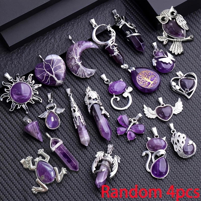 TEMU 4pcs Amethyst Pendant, Pendants Of Styles And Shapes, Moon, Cat, Love, , Suitable For Jewelry Additions, Amethyst Symbolizes Love, , Wisdom,