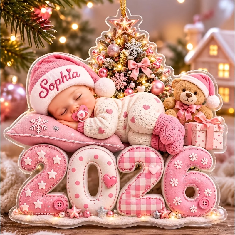 TEMU 2d Flat, 2d Custom First Christmas Acrylic Ornament, Personalized Name 2026 Decoration, Boy Teddy Bear First Christmas Commemorative Gift