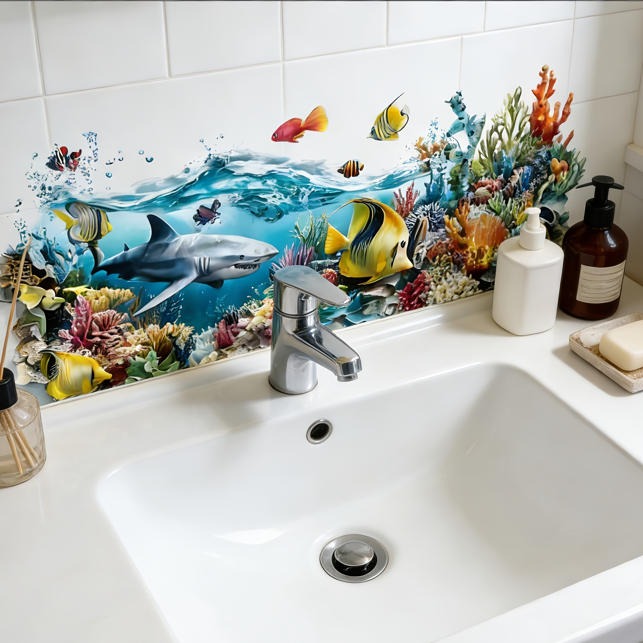 Image of 1pc Ocean Wall Sticker, And Bathroom Tile Decal, Removable Pvc Waterproof Decorative Art With , Suitable For Kitchen, Shower Room, Living Room, And Home Decor