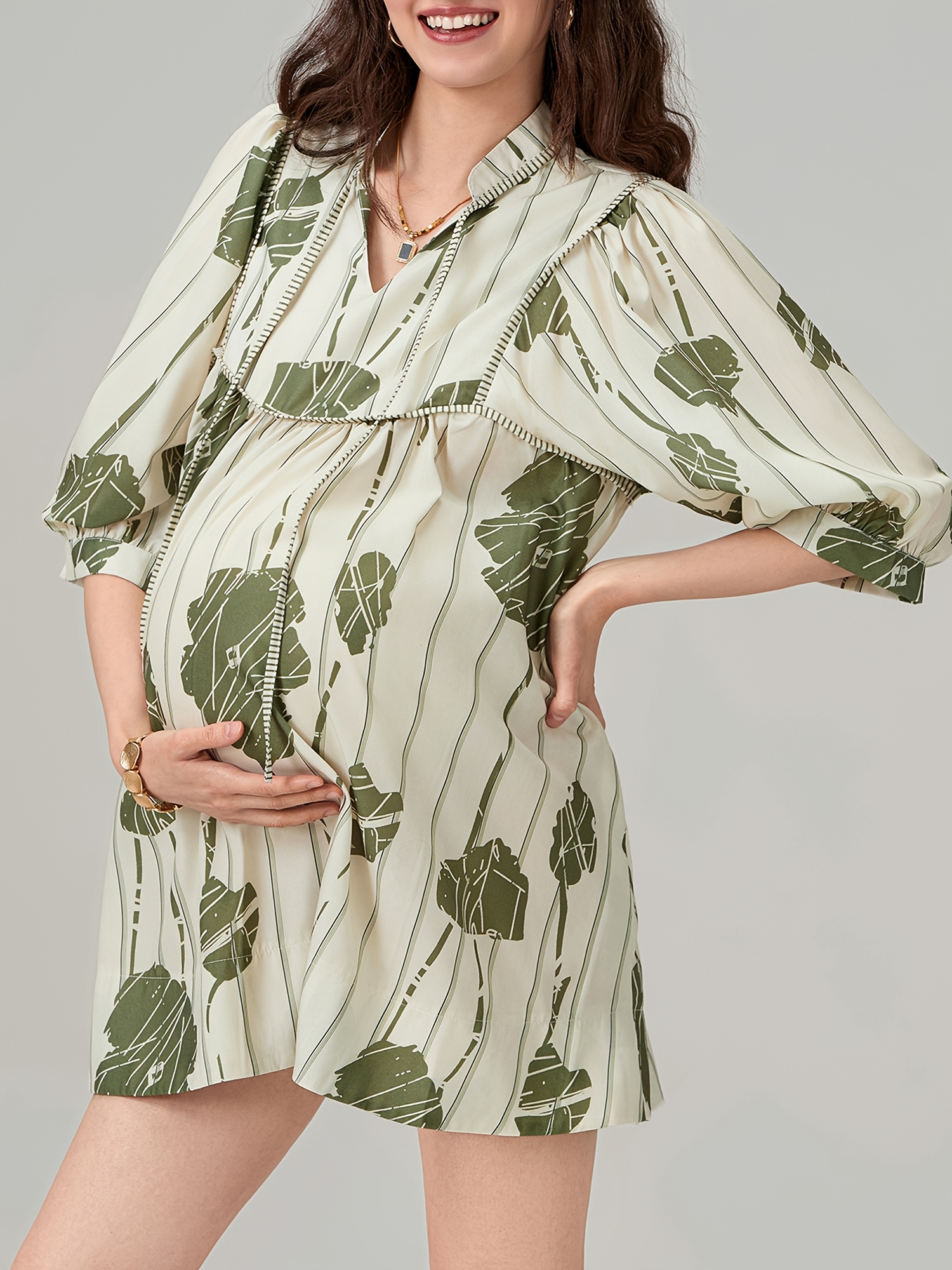 Women Maternity Mini Dress Casual Leaf Print Loose 3/4 Sleeve High Waist  Dress for Photoshoot Pregnancy Clothes