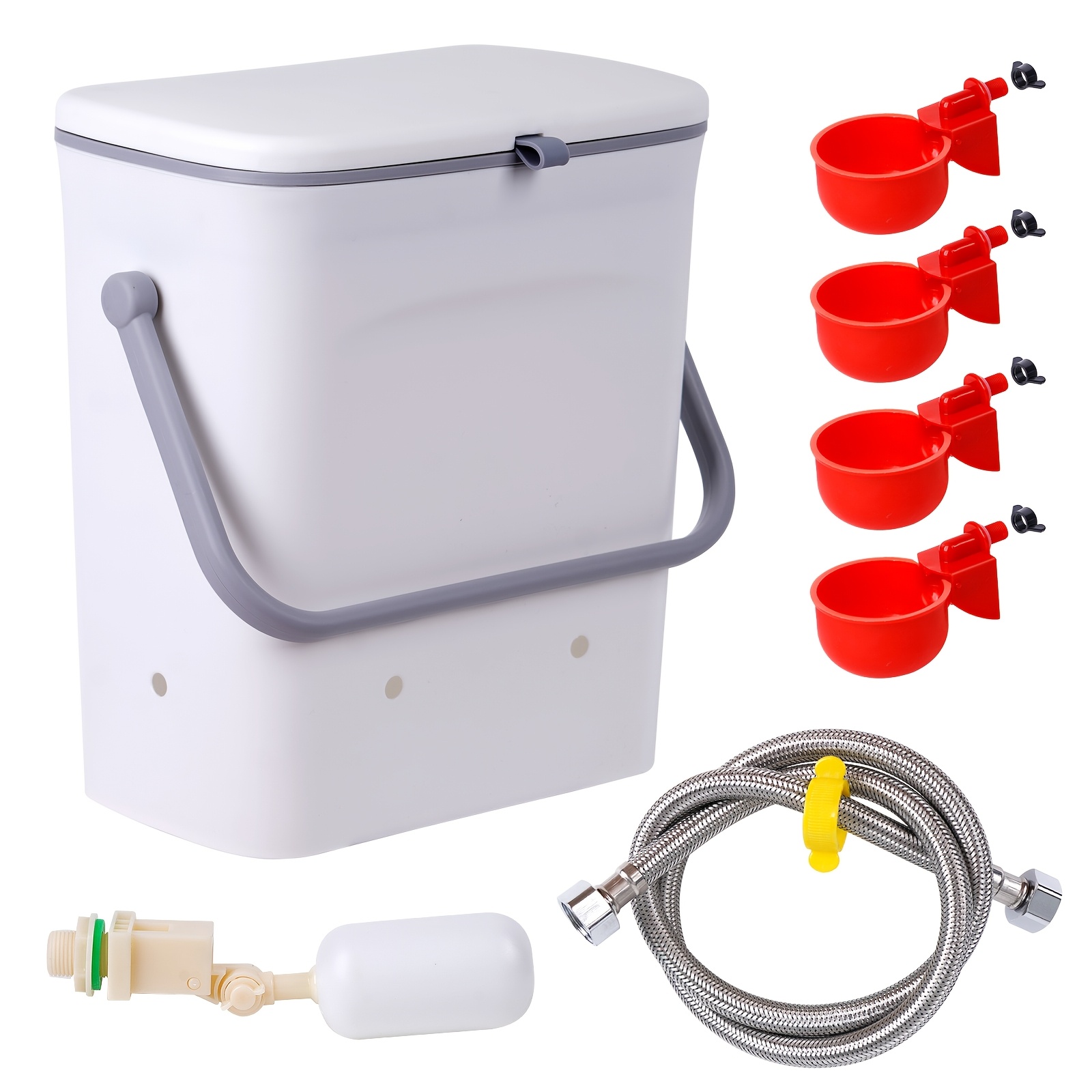 Portable White Automatic Poultry Chicken Water Feeding Bucket Kit, Chicken Water Fountain With 4 Cups - Polypropylene Chicken Feeder Water System